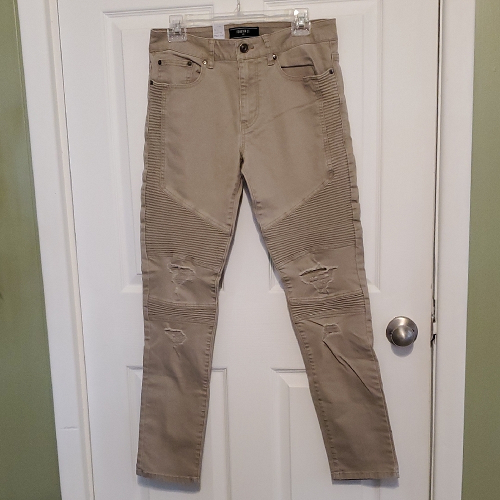 Forever 21 Men's Tan Skinny Jeans with ribbed texture and distressed details.